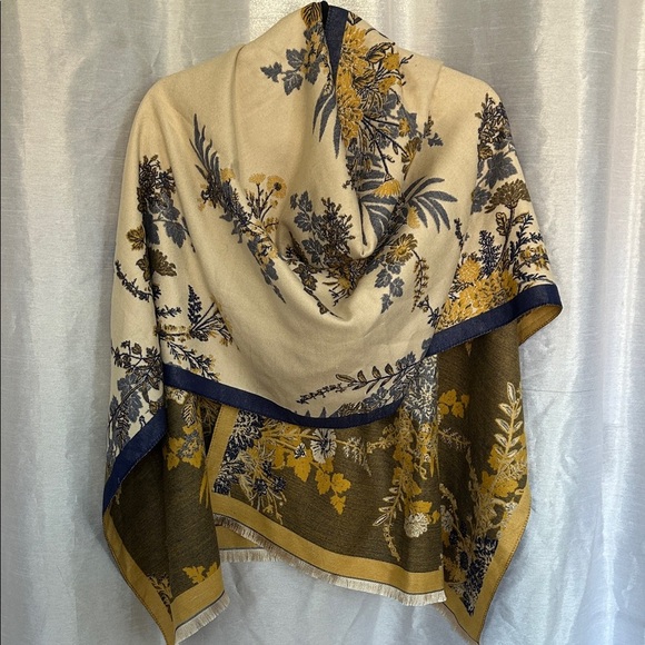 Floral Patterned Shawl Scarf with Blue and Gold Accents - Picture 1 of 7